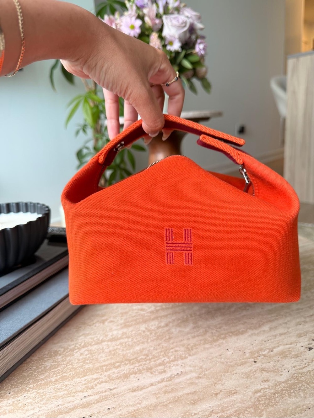 Hermes Orange Canvas Top-Handle Bag with Pink 'H' Stitching, bride à sac
